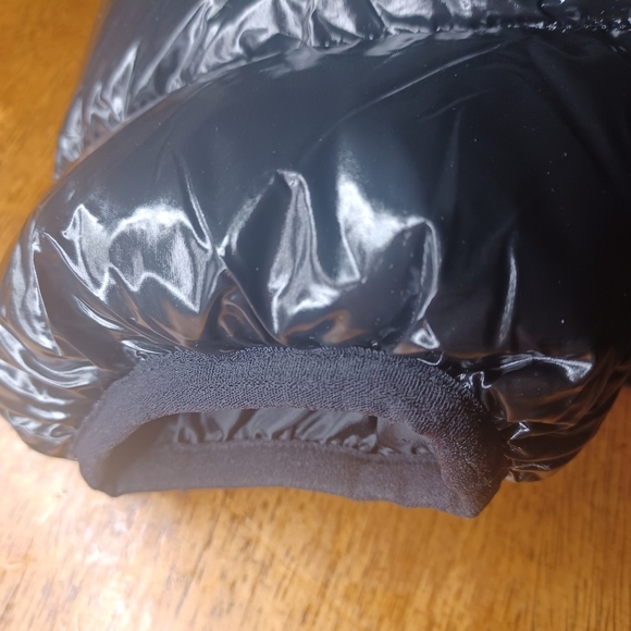 Men's Black Puffer Jacket with Red and White Stripes - Picture 6 of 12